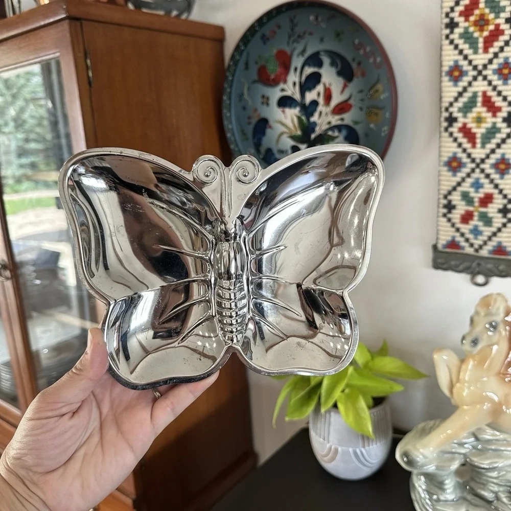 VTG Silver Tone Butterfly Trinket Jewelry Candy Nut Tray Dish Retro MCM Decor 7